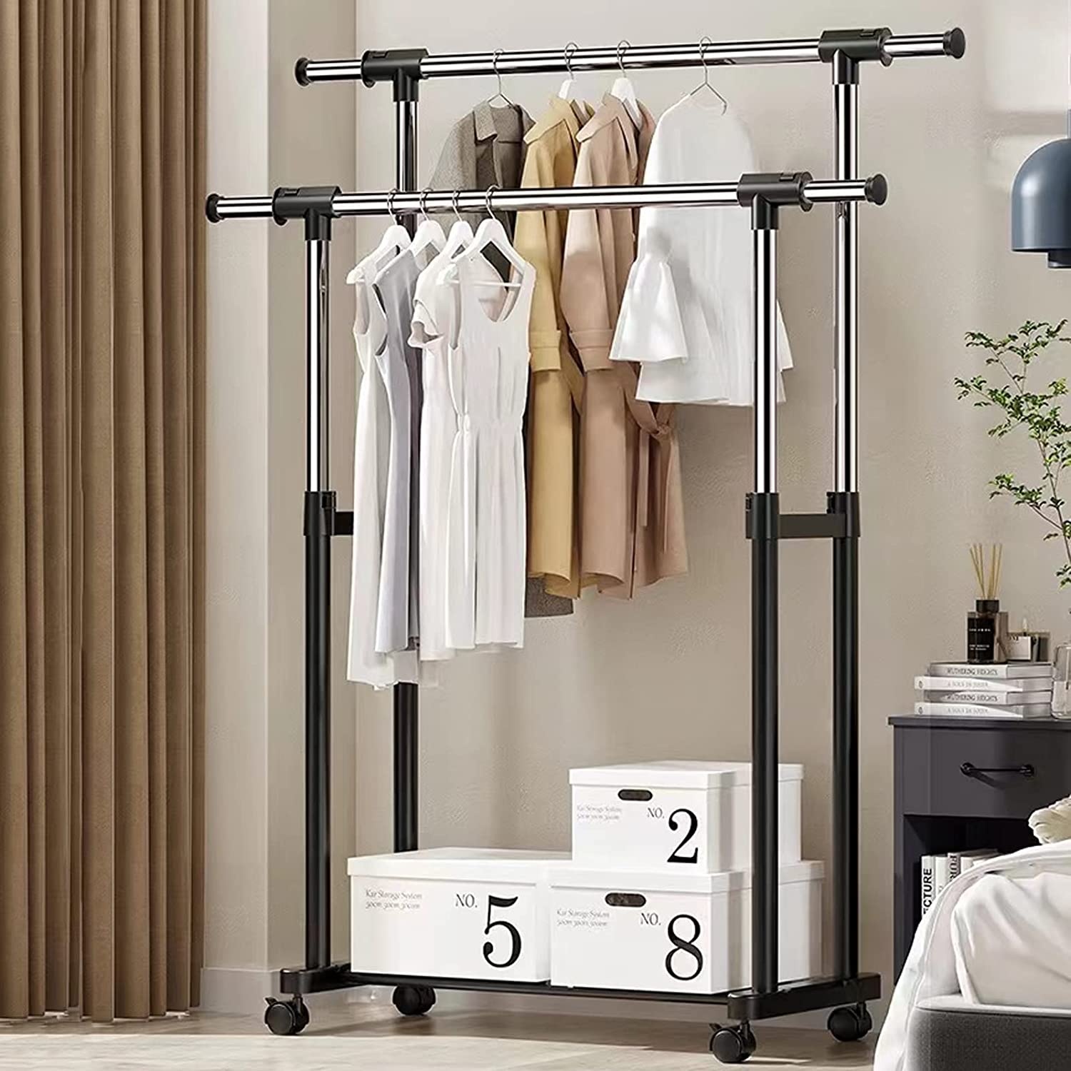 Adjustable Clothes Coat Garment Hanging Rail Rack Storage Double Stand Castors Adjustable Clothes Coat Garment Hanging Rail Rack Storage Double Stand Castors